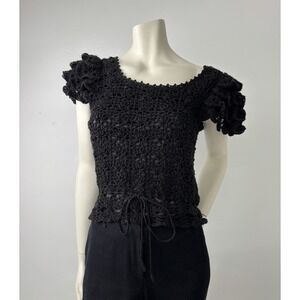 Vintage Crochet Ruffle Sleeve Top Whimsigoth Witchy Goth Girlcore Dark Academia